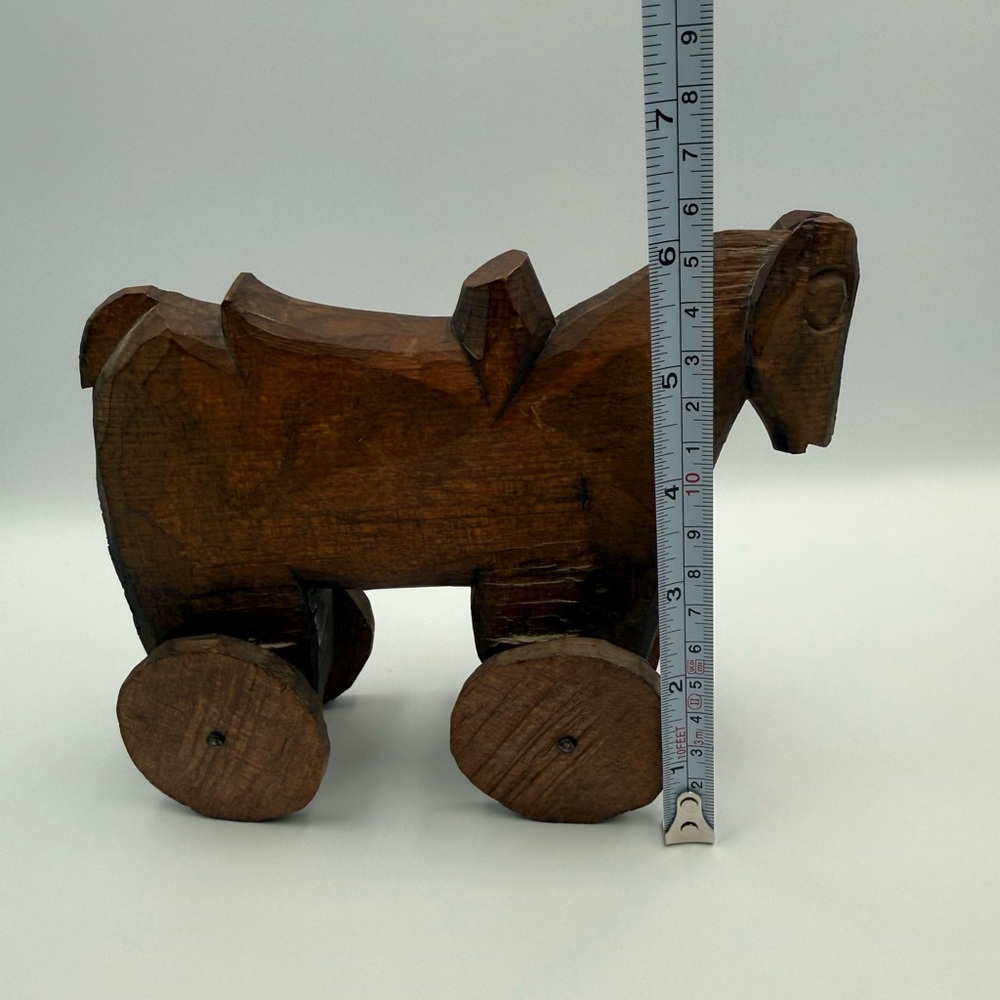 Vintage Primitive Folk Art Hand Carved Wooden Horse On Wheels - Picture 9 of 10